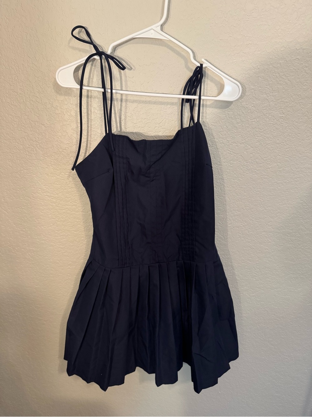 TCEC Navy Blue Tie-Strap Pleated Mini Dress